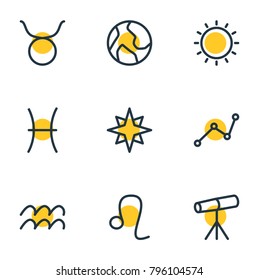 Vector illustration of 9 constellation icons line style. Editable set of zoom glass, bull, geometric and other elements.