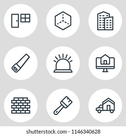 Vector illustration of 9 construction icons line style. Editable set of security, saw, door with window and other icon elements.