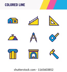 Vector illustration of 9 construction icons colored line. Editable set of fireplace, home, stairs and other icon elements.