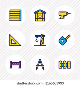 Vector Illustration Of 9 Construction Icons Colored Line. Editable Set Of Compass, Fence, Window Siding And Other Icon Elements.