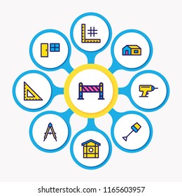 Vector illustration of 9 construction icons colored line. Editable set of compass, ruler, framing and other icon elements.