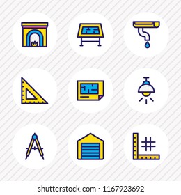 Vector illustration of 9 construction icons colored line. Editable set of plan, lamp, garage and other icon elements.