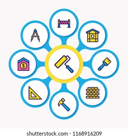 Vector illustration of 9 construction icons colored line. Editable set of ruler, painting, brick and other icon elements.