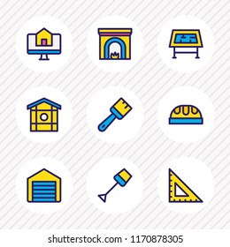 Vector illustration of 9 construction icons colored line. Editable set of framing, spade, drawing table and other icon elements.