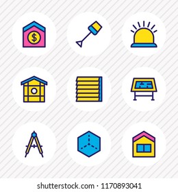Vector illustration of 9 construction icons colored line. Editable set of drawing table, compass, spade and other icon elements.