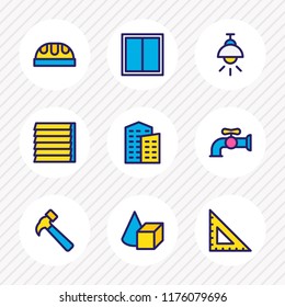Vector illustration of 9 construction icons colored line. Editable set of water crane, building, hammer and other icon elements.