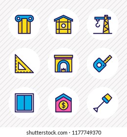 Vector illustration of 9 construction icons colored line. Editable set of sell house, window, spade and other icon elements.