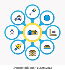 Vector illustration of 9 construction icons colored line. Editable set of lamp, worker hat, planning and other icon elements.