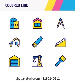Vector illustration of 9 construction icons colored line. Editable set of crane, house, garage and other icon elements.