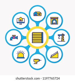 Vector illustration of 9 construction icons colored line. Editable set of stairs, security, crane and other icon elements.