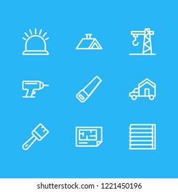 Vector illustration of 9 construction icons line style. Editable set of brush, siding, crane and other icon elements.