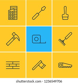 Vector illustration of 9 construction icons line style. Editable set of handsaw, ruler, brick wall icon elements.