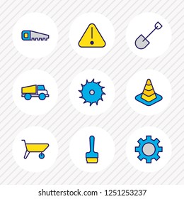 Vector illustration of 9 construction icons colored line. Editable set of saw, shovel, cone and other icon elements.