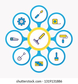 Vector illustration of 9 construction icons colored line. Editable set of screwdriver, paint roller, ruler and other icon elements.