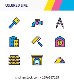 Vector illustration of 9 construction icons colored line. Editable set of sell house, brush, building and other icon elements.