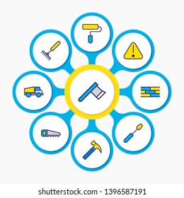 Vector illustration of 9 construction icons colored line. Editable set of warning, truck, brick wall and other icon elements.