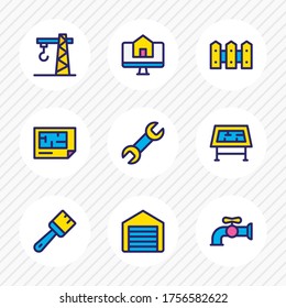 Vector illustration of 9 construction icons colored line. Editable set of buy house online, wrench, crane and other icon elements.