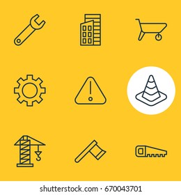 Vector Illustration Of 9 Construction Icons. Editable Pack Of Cogwheel, Hacksaw, Lifting And Other Elements.