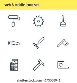 Vector Illustration Of 9 Construction Icons. Editable Pack Of Apartment, Measure Tape, Hatchet And Other Elements.