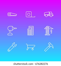 Vector Illustration Of 9 Construction Icons. Editable Pack Of Apartment, Hacksaw, Handcart Elements.