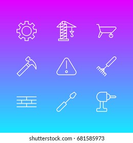 Vector Illustration Of 9 Construction Icons. Editable Pack Of Handcart, Lifting, Barrier Elements.