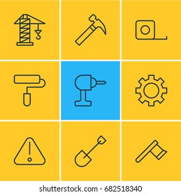 Vector Illustration Of 9 Construction Icons. Editable Pack Of Handle Hit, Cogwheel, Roller Elements.