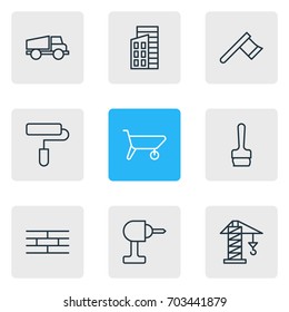 Vector Illustration Of 9 Construction Icons. Editable Pack Of Barrier, Hatchet, Electric Screwdriver And Other Elements.