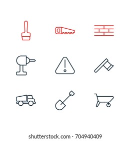Vector Illustration Of 9 Construction Icons. Editable Pack Of Handcart, Paintbrush, Road Sign Elements.