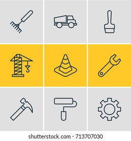 Vector Illustration Of 9 Construction Icons. Editable Pack Of Cogwheel, Harrow, Lifting And Other Elements.