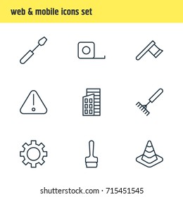 Vector Illustration Of 9 Construction Icons. Editable Pack Of Caution, Hatchet, Cogwheel And Other Elements.