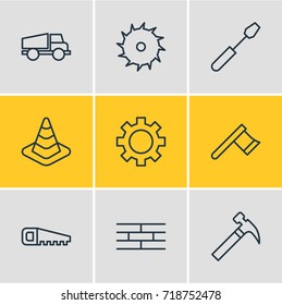 Vector Illustration Of 9 construction Icons. Editable Pack Of Barrier, Handle Hit, Cogwheel Elements.