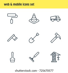 Vector Illustration Of 9 Construction Icons. Editable Pack Of Lorry, Spade, Caution And Other Elements.