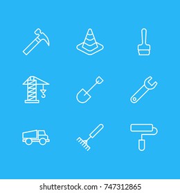 Vector Illustration Of 9 Construction Icons. Editable Pack Of Handle Hit, Spanner, Caution Elements.