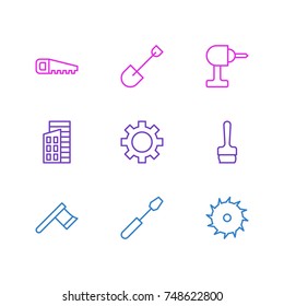 Vector Illustration Of 9 Construction Icons. Editable Pack Of Turn Screw, Circle Blade, Spade And Other Elements.