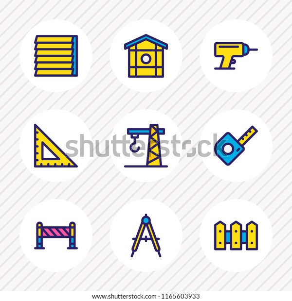 Vector illustration of 9 construction icons\
colored line. Editable set of compass, fence, window siding and\
other icon elements.