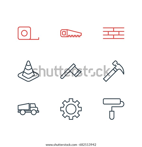 Vector Illustration\
Of 9 Construction Icons. Editable Pack Of Cogwheel, Barrier,\
Hatchet And Other\
Elements.