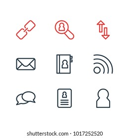 Vector illustration of 9 contact icons line style. Editable set of correspondence, chat, link and other icon elements.