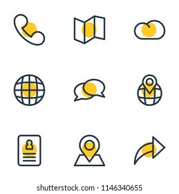 Vector illustration of 9 contact icons line style. Editable set of share, chat, pinpoint and other icon elements.