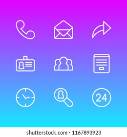 Vector illustration of 9 contact icons line style. Editable set of envelope, search profile, contact form and other icon elements.