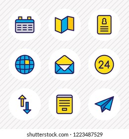 Vector illustration of 9 contact icons colored line. Editable set of arrows, calendar, paper plane and other icon elements.