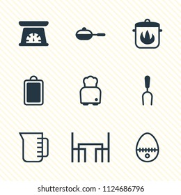 Vector illustration of 9 cooking icons. Editable set of dining table, toaster, cutting board and other icon elements.