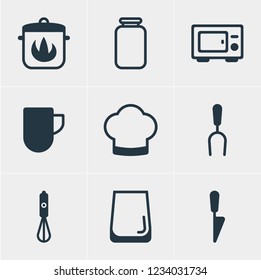 Vector illustration of 9 cooking icons. Editable set of coffee mug, water glass, cooking hat and other icon elements.