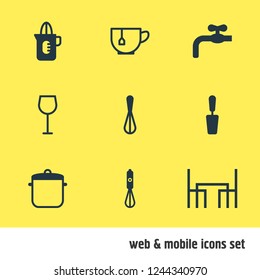 Vector illustration of 9 cooking icons. Editable set of saucepan, dining table, wineglass and other icon elements.