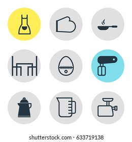 Vector Illustration Of 9 Cooking Icons. Editable Pack Of Whisk, Tea, Mincer And Other Elements.