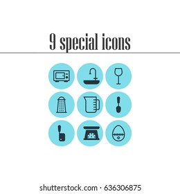 Vector Illustration Of 9 Cooking Icons. Editable Pack Of Washstand, Wine, Measuring Tool Elements.