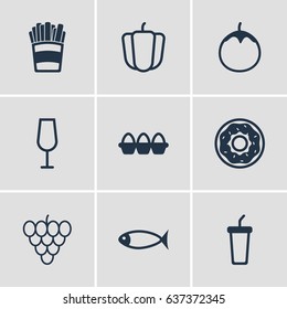 Vector Illustration Of 9 Cooking Icons. Editable Pack Of Eggplant, Bulgarian Vegetable, Soft Drink And Other Elements.