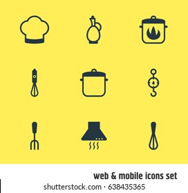 Vector Illustration Of 9 Cooking Icons. Editable Pack Of Soup Pan, Chef Hat, Extractor Appliance And Other Elements.