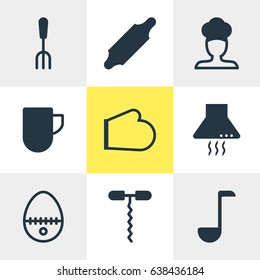 Vector Illustration Of 9 Cooking Icons. Editable Pack Of Bakery Roller, Fork, Cook And Other Elements.