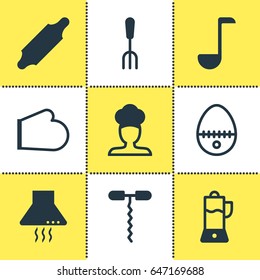Vector Illustration Of 9 Cooking Icons. Editable Pack Of Cook, Oven Mitts, Fruit Squeezer And Other Elements.