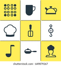 Vector Illustration Of 9 Cooking Icons. Editable Pack Of Cooker, Chef Hat, Teakettle And Other Elements.